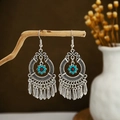 Detail of bohemian tassel earrings with turquoise beads hanging on a wooden branch - E2874-36/Turquoise Ethnic