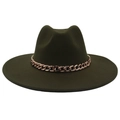 Detail of wide-brimmed olive wool fedora featuring a shiny rose gold metal chain band - Adult (57-60cm) / Army Green (Acrylic)