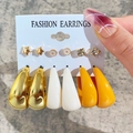 6-pair earring set featuring gold stars, daisies and thick C-shaped hoops in yellow and white - Multi-color Star Daisy C-Shape Set (54048)