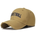 Khaki cotton baseball cap with blue Basketball embroidery and distressed brim detail - Adjustable / Deep Beige