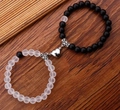 Magnetic couple bracelets set featuring black and frosted white 8mm beads with heart clasp - Black And Translucent White Style (ZJ12153)