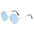 Vintage round metal sunglasses with gold frame and light blue translucent lenses - Blue Lens