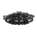 Three-piece black beaded men's bracelet set with blue zircon crown charms on white background - Three-Piece Set / Blue Zirconia Gun Black Set
