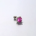 Orecchino singolo in titanio argento con zircone rosso rosa da 5mm a griffe - Perno Interno Filettato 1,0 (Lunghezza Perno 6 mm) / Rosa Magenta (5mm) (Singolo) (A61-8#)