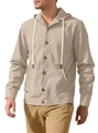 Men's casual beige hooded linen shirt jacket with wooden buttons and white drawstring - S / Khaki