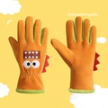 Orange kids winter ski gloves with cute green monster embroidery and fleece lining - Cartoon Monster Orange