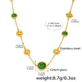Detailed view of the gold stainless steel necklace with green Czech glass and size specs - 44+5cm / Gold Green Glass Stone