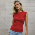 Slim fit red ribbed knit sleeveless top paired with light blue denim shorts - S / Tops / Burgundy