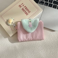 Detailed view of pink fabric wallet with green fuzzy flap and a cute yellow bear charm - Light Pink
