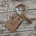 Brown faux leather card holder with matching silicone bead bracelet and tassel - Khaki