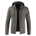 Men's thick hooded knit jacket in grey-brown melange with black fleece lining - M / Coffee
