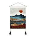 Modern sunrise landscape tapestry with golden sun peaks and black decorative tassels - 35x50cm / Style 7