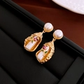 Detail of gold baroque earrings with imitation pearls and enamel floral inserts - White Pearl Bouquet Studs