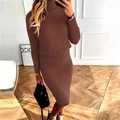 Detail view of brown ribbed knit texture on high neck sweater and matching pencil skirt - S / Brown