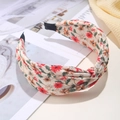 Floral fabric headband with red and beige patterns on cream background with bow detail - Floral Knot (FK-B178 Beige)