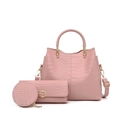 Pink crocodile pattern 3-piece bag set with tote, zipper wallet and round coin pouch - Pink
