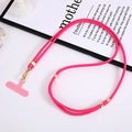 Close-up of pink braided phone lanyard with gold metal clasp and silicone connector - Rose Red