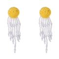Bohemian yellow raffia ball earrings with long white beaded tassels for women - Yellow Long Beaded Tassel Stud Earrings