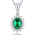 Elegant silver necklace featuring a green oval emerald pendant with halo diamonds - Green Diamond Tz-18 [comes With Box And Chain]