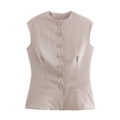 Gilet de costume beige à carreaux coupe cintrée et col rond pour femme - S / À carreaux