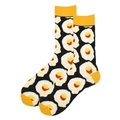 Funny mid-calf cotton socks with fried egg pattern and yellow contrast toe details - Black Fried Egg