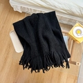 Classic black knitted winter scarf with fringe detail for women made of warm wool blend - Black