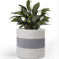 Minimalistische wit-grijs gestreepte katoenen touwmand gebruikt als decoratieve bloempot - 25x25cm / Wit & Grijs Gestreept Patchwork