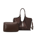 Braune Monogramm Eimertasche Set mit großer Tote und Mini-Tasche auf weißem Grund - Kaffeebraun