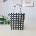 Handmade woven tote bag with black and cream checkerboard pattern and round handles - Large / Black Beige
