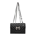 Elegant black quilted chain bag with silver bow accent and leather woven strap - Black
