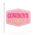 Detailed view of pink embroidered patch showing 6cm x 8.3cm dimensions and tequila text - Style 2 (COWBOYS TEQUILA)