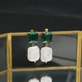 Vintage baroque pearl drop earrings with emerald gemstones and gold-plated finish - Green Square Stud White Square Baroque Earrings