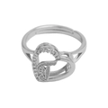 Silver hollow heart-shaped open ring with small inlaid crystals and adjustable band - Initial T (Silver Ring T) / Silver