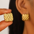 Detailed close-up of a gold square earring with a textured quilted rhombic pattern design - 18K Gold Lattice (6427)