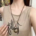 Zen style vintage ceramic long necklace with round pendant and brown cord detail - Cocoa Brown Circle Pendant Necklace X4378C