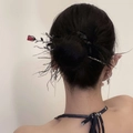 Vintage silver hair pin with a red rose bud, styled on a Chinese updo hairstyle - F0478 Single Rose - Red