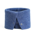 Detail of blue knitted neck warmer featuring snap button closure and ribbed texture - Blue