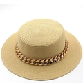 Detailed view of beige straw flat top hat with chunky gold chain decoration - M (56-58cm) / Light Beige Style (12)