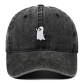 Distressed charcoal grey washed cotton baseball cap with white ghost embroidery - Adjustable / Black