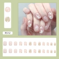 Translucent nude pink press-on nails with white camellia flower patterns and silver glitter - Glue Type / Fresh Camellia (R512)