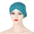 Turquoise milk silk turban hat for women featuring braided band and silver bead accents - Dark Green with Silver Beads