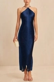 Detailed view of dark blue halter maxi dress featuring dense fringe and metallic accents - S / Blue