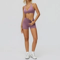 Completo yoga lavanda da donna con top a finto collo e pantaloncini fitness a vita alta - Taglia S / Reggiseno+Pantaloncini-Malva Medio