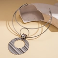 Silver layered hollow geometric torque necklace with textured round open pendant - Silver