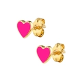 Macro detail of heart-shaped earrings featuring vibrant pink enamel and golden finish studs - Rose Red Gold
