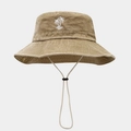 Close-up of khaki cotton bucket hat with white palm tree embroidery and adjustable chin cord - One Size / Khaki