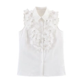 Elegante weiße ärmellose Bluse mit Blumenapplikationen und feiner Perlenverzierung - XS / Weiß