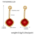 Detail view of gold stainless steel earrings with red glass stone and zircon dimensions - Red Earrings