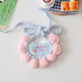 Handmade light blue knitted pet bib with pink pom-poms and Cute Day cloud patch - Pink Scalloped
