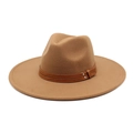 Close-up of camel felt fedora hat featuring a brown leather band with silver metal studs - M (56-58cm) / Light Coffee